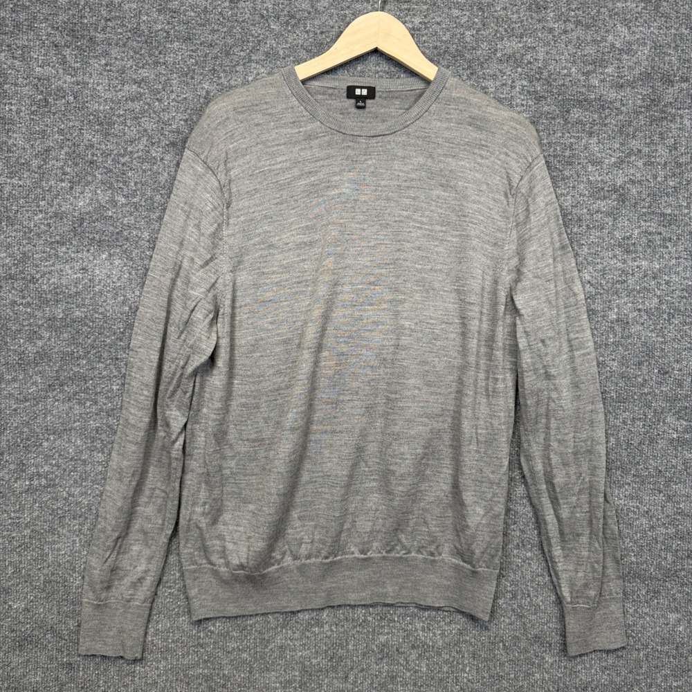 Uniqlo Mens Sz Large Crew Neck Sweater Gray Wool Pullover Soft Cozy Casual Layer